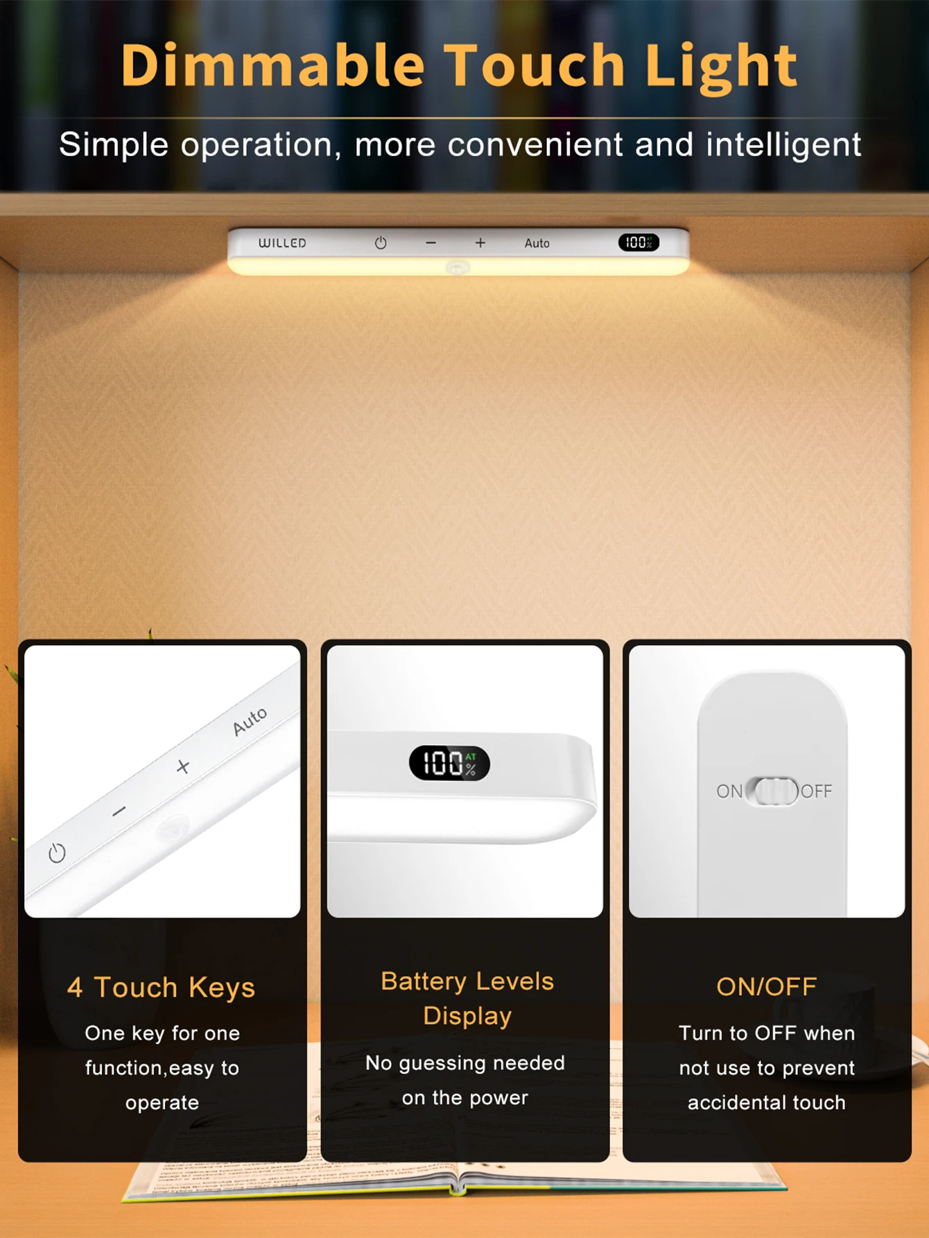 WILLED Warm Light Motion Sensor Cabinet Light Battery Display 60 LED Touch Light Bar Wireless Rechargeable Battery Night Light 6