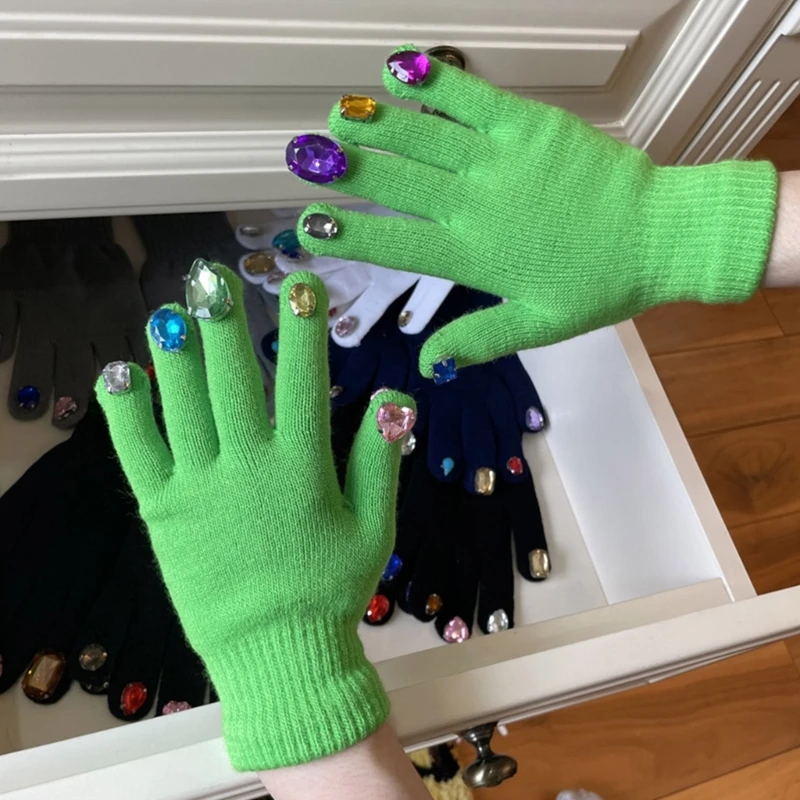 thumbnail image 2 of Buy Women Luxurious Rhinestones Winter Gloves Touchscreen Fleece Lined Mittens With Rabbit Fur Cuffs At 2 of 11
