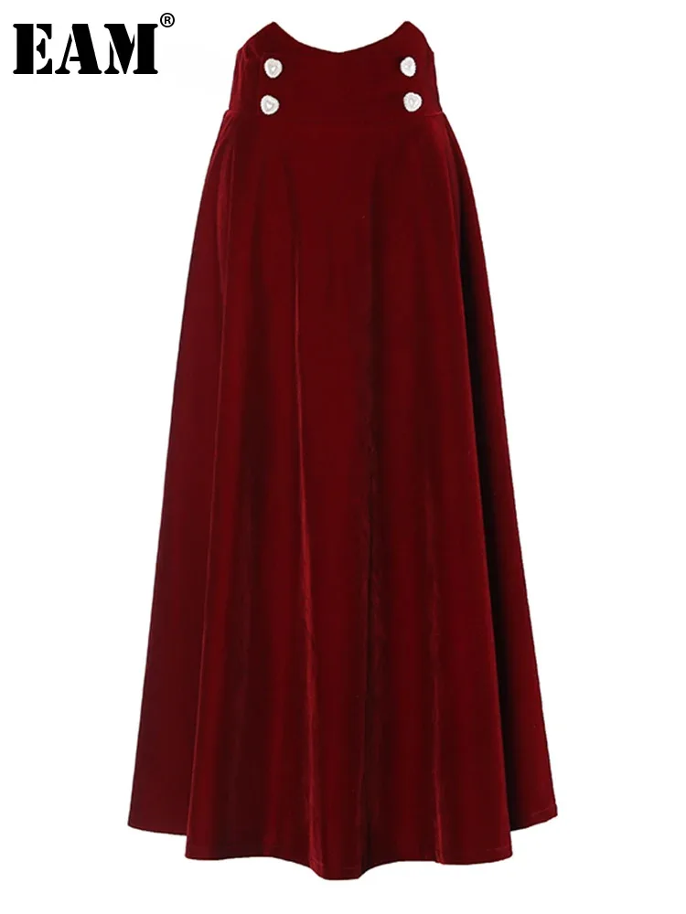 

[EAM] High Waist Wine Red Velvet Elegant Midi Party A-line Half-body Skirt Women Fashion Tide New Spring Autumn 2024 1DH1422