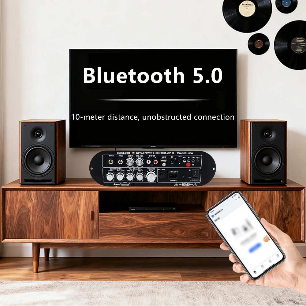 D800 블루투스 5.0 디지털 앰프 보드 2.1 채널 50W*2 100W 대용량 출력 가정 및 야외 음향 시스템용