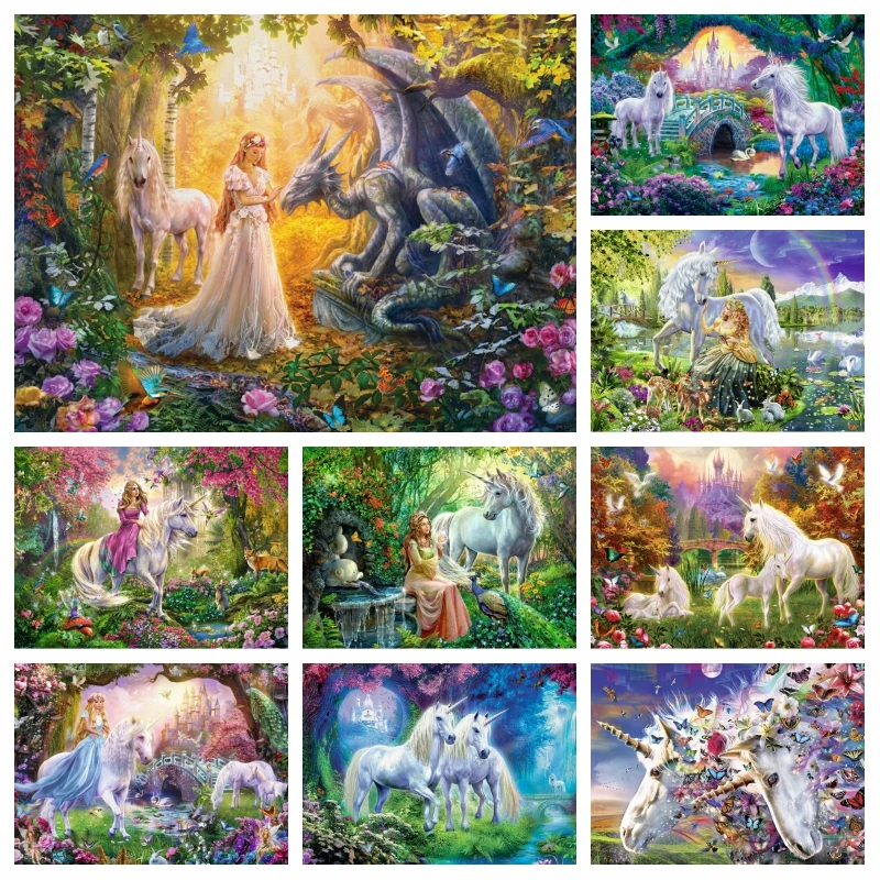 妖精の王女とユニコーンダイヤモンド絵画アート魔法の森の城モザイク