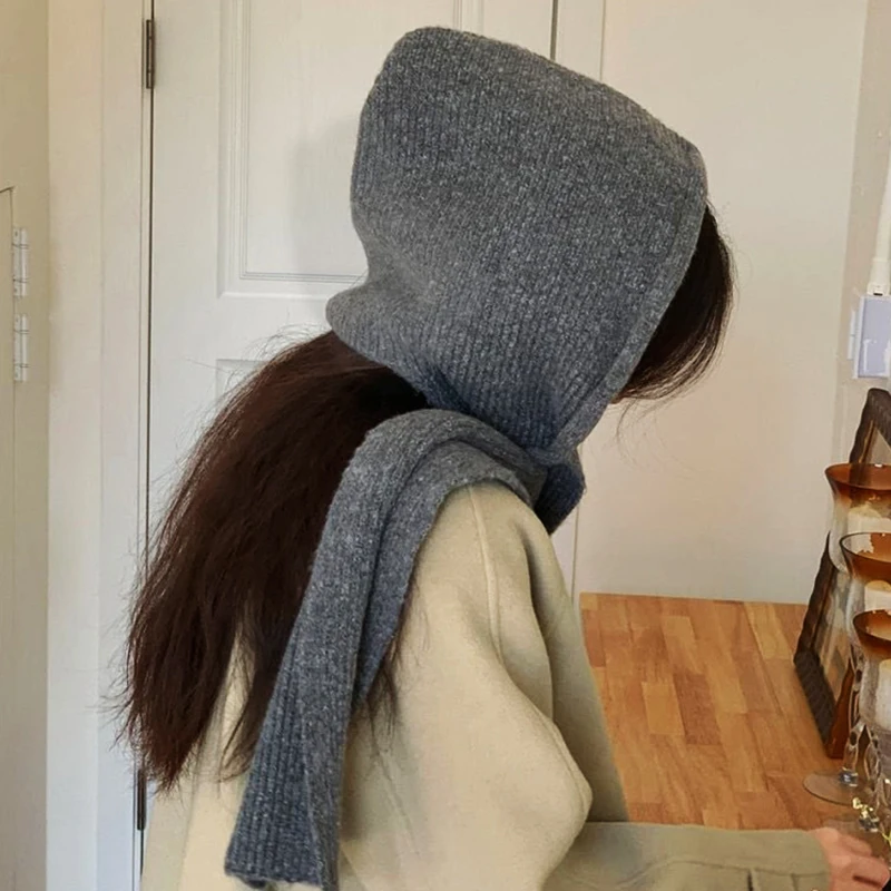 Korean Autumn Winter Balaclava Hats Women Knitted Drawstring Scarf Warm Plush Hooded Caps Soft Sweet Cute Elegant Beanies Caps 3