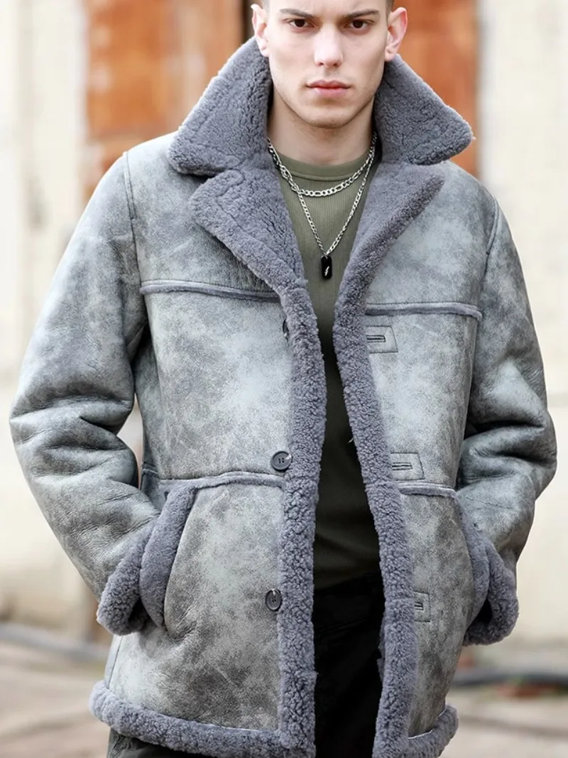 Winter Thick Warm Mens Real Fur Pilot Jacket Original Eco Middle Long Street Motorcycle Overcoat Genuine Leather Shearling Coat