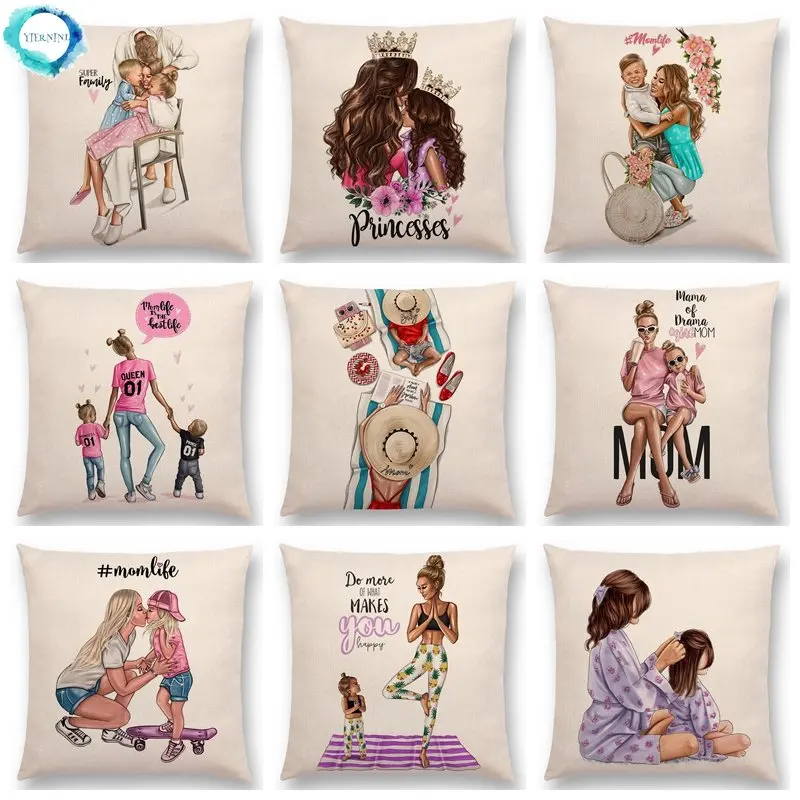 

Fashion Super Mama Cushion Cover Mum Linen Throw Pillow Case Mom and Baby Pillow Cover for Sofa Mother's Day Gift Pillowcase