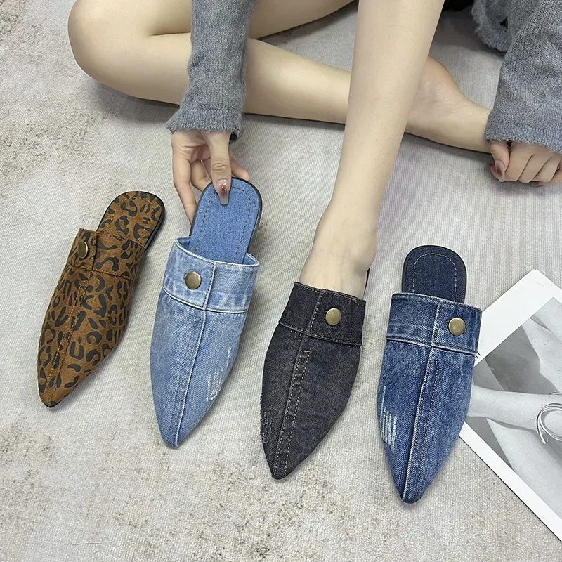 

2023 New Cross-border Foreign Trade Europe and America Network Red Pointed Denim Leopard Print Baotou Large Women's Slippers