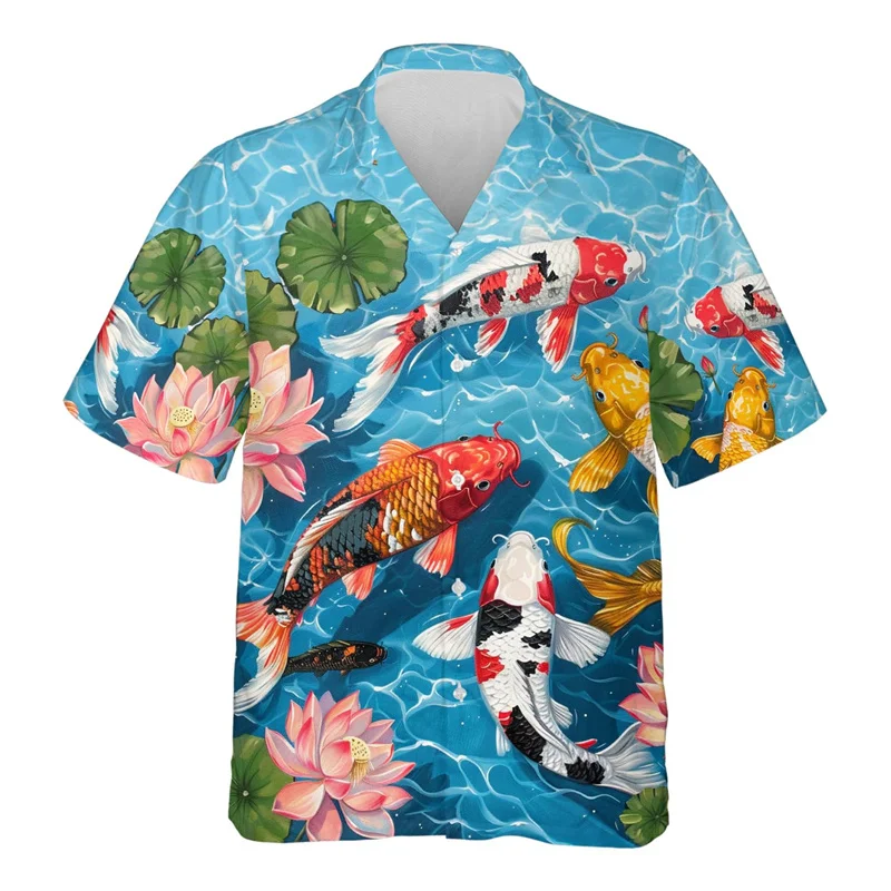 thumbnail image 1 of Camisa hawaiana con estampado 3D de peces koi para hombre, blusas con estampado de animales de buena suerte, camisas hawaianas de verano para la calle, blusas con solapa y mangas cortas, 1 of 5