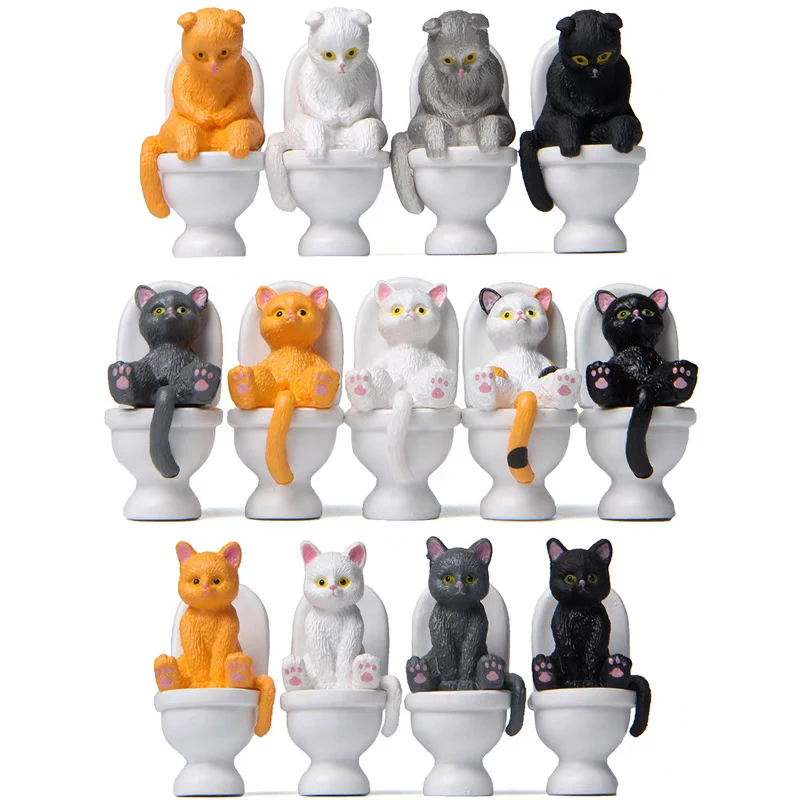 Cute Animal Cat Sitting On Toilet And Small Yellow Duck Miniature Handicraft Decorations Landscape Home Garden Decoration Toys