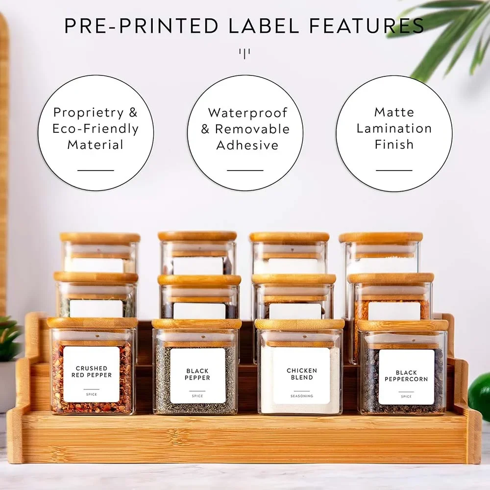 5oz Glass Jars Set with Spice Labels,Square Spice Jars with Bamboo Lids/Sticker Labels, Food Storage Container Canisters 5