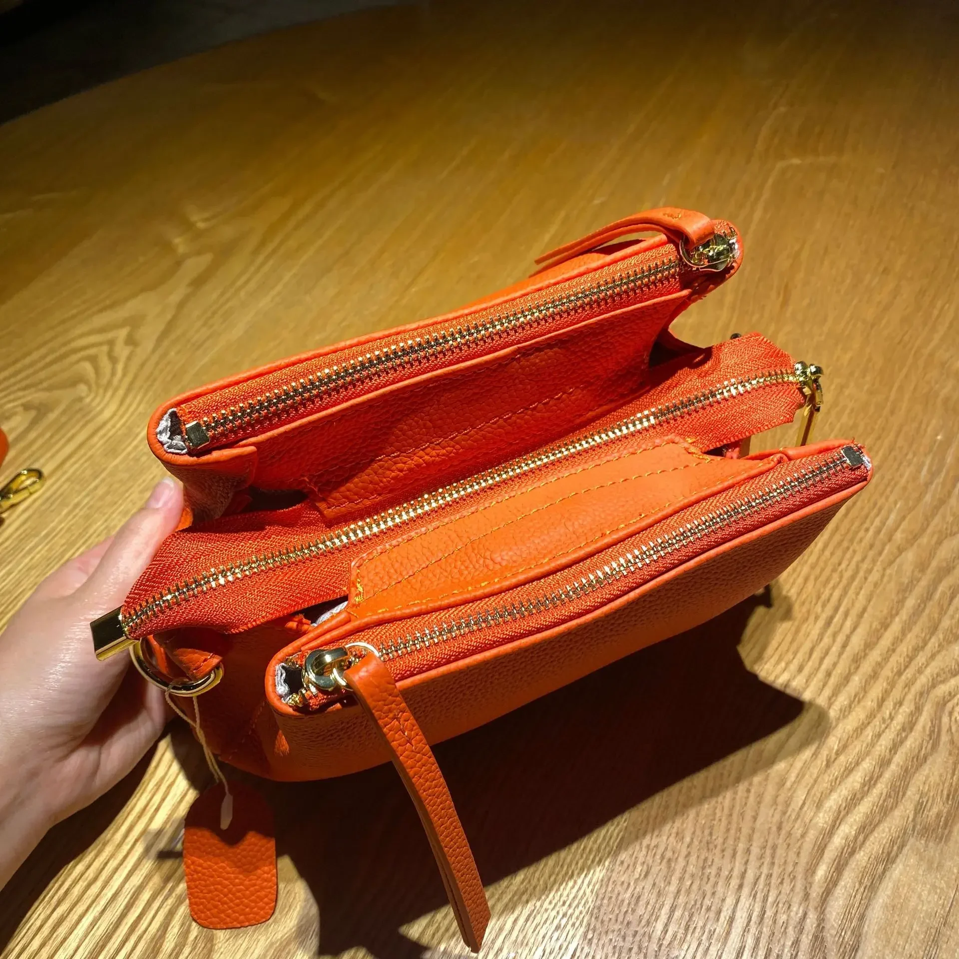 Orange Blue Colour Shell Shape Flap Bag with Much Interlayer Full Grain Cow Leather Women's Shoulder Crossbody Bag
