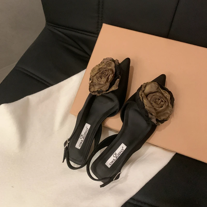 Women's Silk Flower Decorative Single Shoes Sexy Transparent PU Pointed Slingbacks High Heels Party Dress Women's Sandals Summer