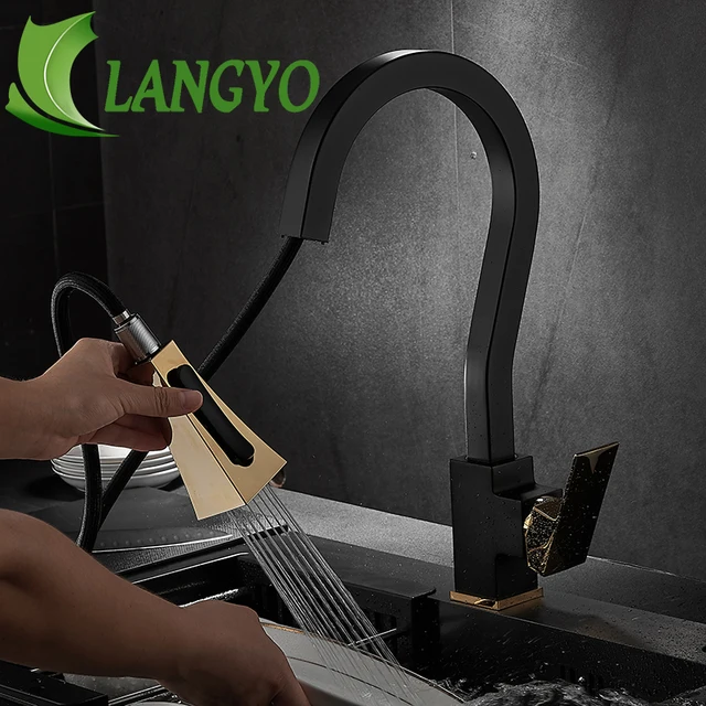 LANGYO ก๊อกน้ําอ่างล้างจานร้อนเย็น Mixer หมุนดึง Sprayer ก๊อกดาดฟ้าติดตั้งก๊อกน้ําทองเหลือง 3
