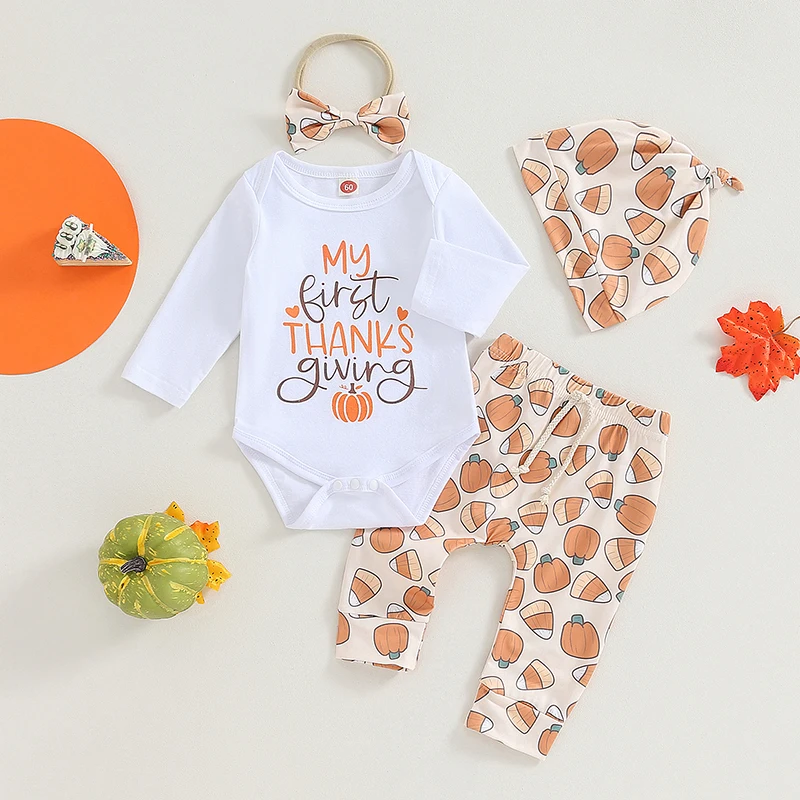 

2023-08-02 Lioraitiin 0-12M Baby Boys Girls Thanksgiving Outfits Long Sleeve Romper + Pumpkin Pants Headband Hat 4PC Clothes Set