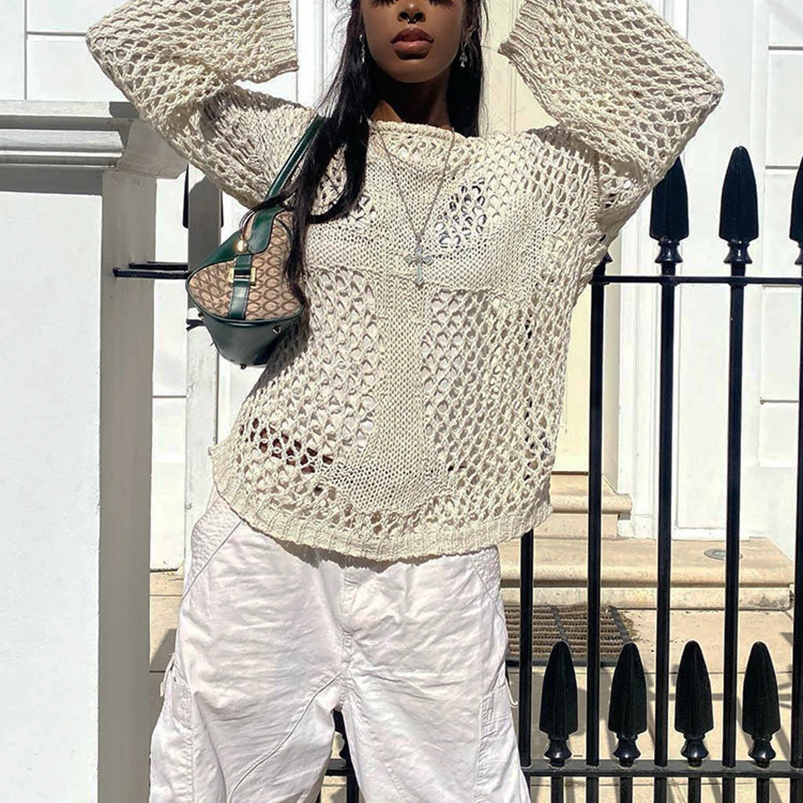 

Women Long Sleeve Shirt Blouse Autumn Solid Color Knit Hollow out Loose Pullover Casual Tops Club Streetwear