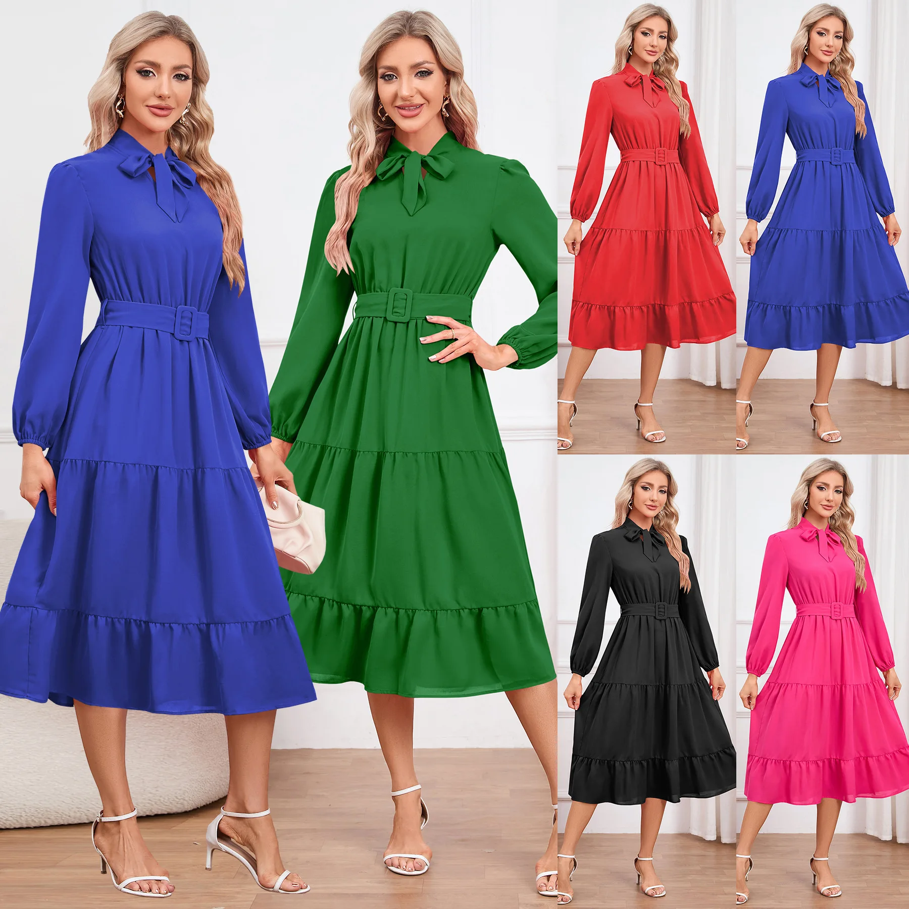 

Europe and America Foreign Trade Grace Slim Fit Temperament Lace Up Collar Dress for Women Dresses Y2k Layers Cake A-line Skirt