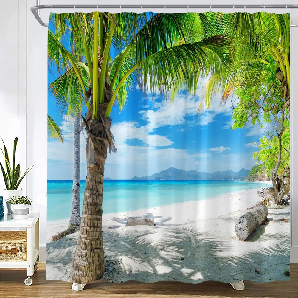Shower Curtains Dusk Sunset Beach Tropical Ocean Palm Tree Forest Waterfall Nature Scenery Cloth Home Decor Bathroom Curtain Set