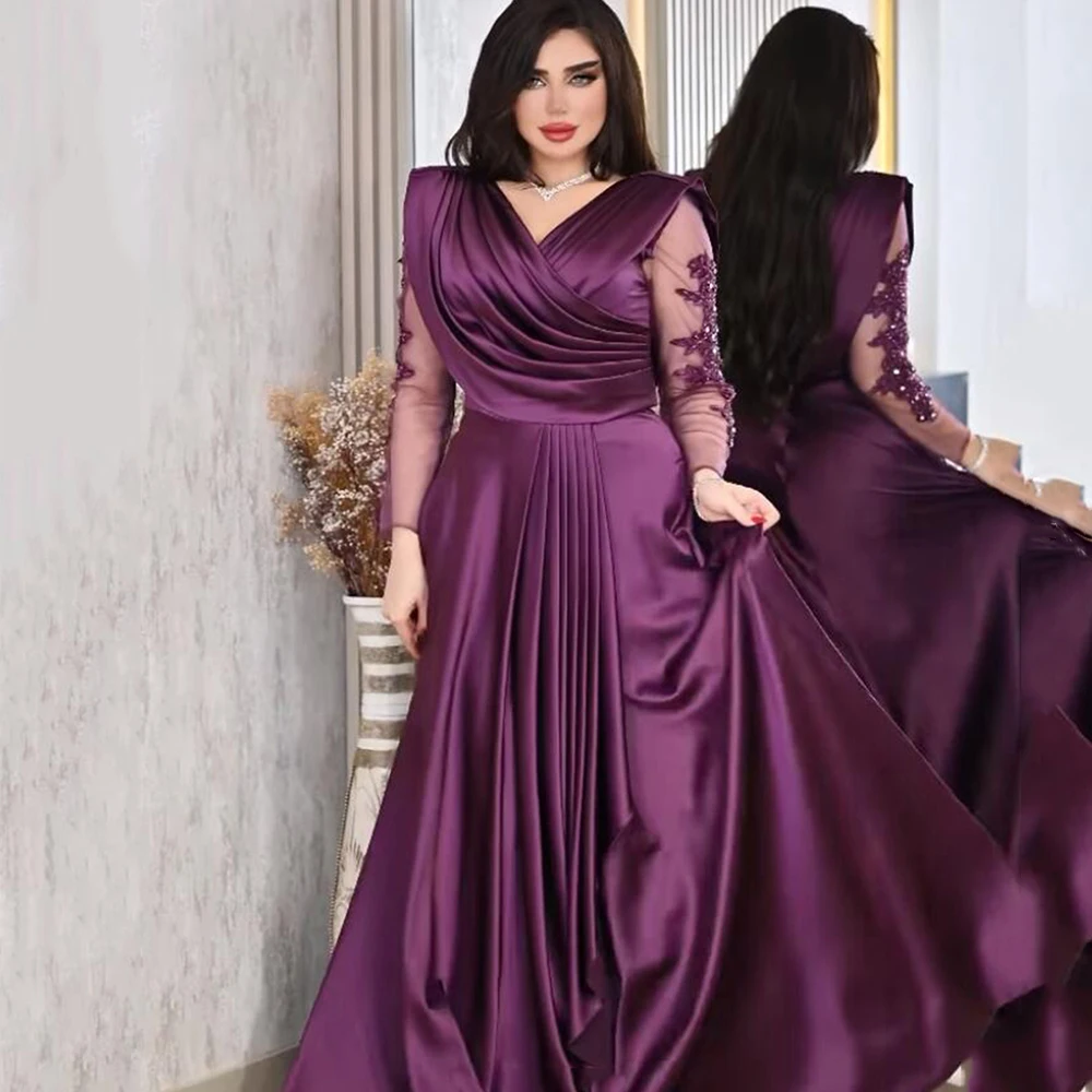 

V Neck Evening Dresses Long Sleeve Lace Illusion A-line Prom Gown Pleat Elegant Celebrity Banquet Dress فساتين سهرة فخمه