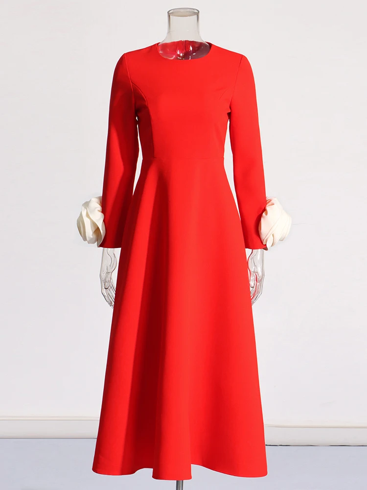 مزخرف نسائي مزين بخط فساتين ، رقبة مستديرة ، أكمام...