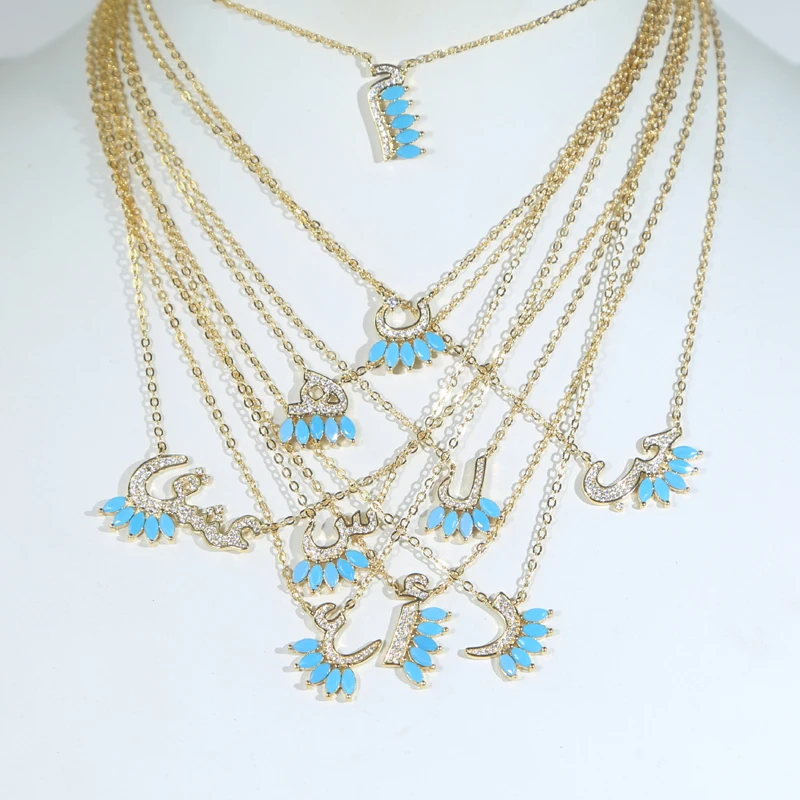 Hot Selling Gold Plated Arabic Letter Love Paved CZ Blue Turquoises Stone Fashion Women Jewelry Necklace Wholesale