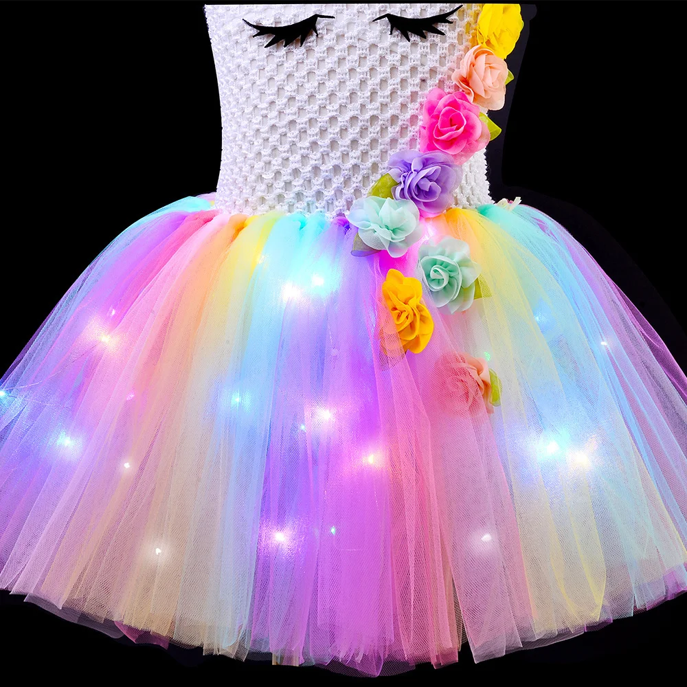 Girls Dress princess costume kids clothes Led Light Unicorn Costumes for Girls Birthday Christmas Outfit