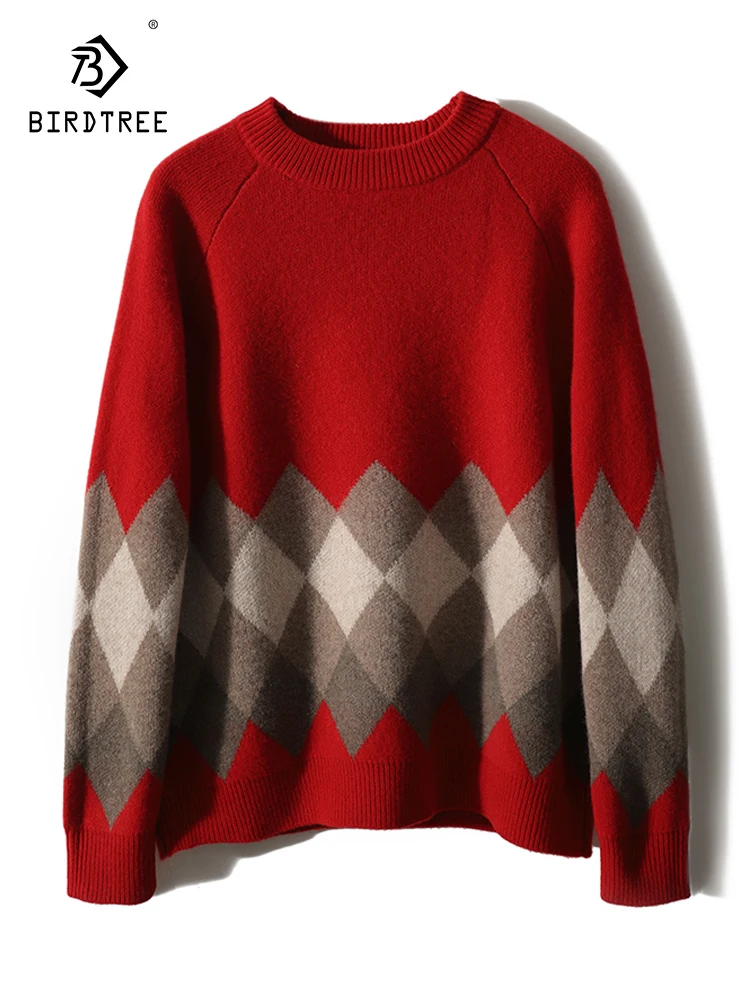 

Birdtree 100%Sheep Wool Autumn Winter Vintage Sweater Elegant Checkered Round Neck Commuting Knitted Christmas Sweater T30010QC