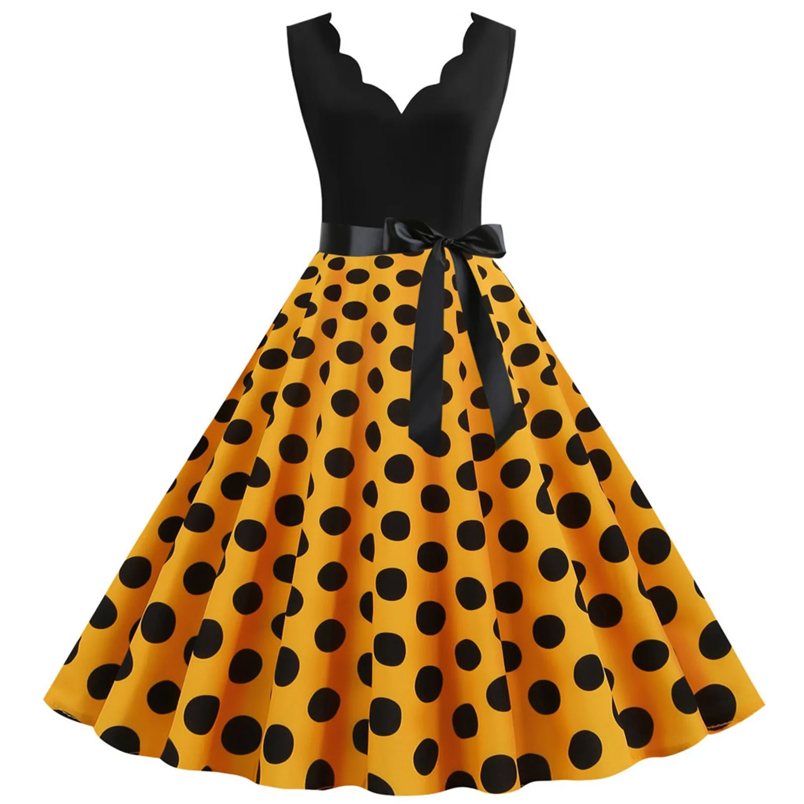 

Women Elegant Dress Polka Dot Print Summer Dress Black Patchwork Sleeveless V neck Party Evening Dresses Casual Midi Dress