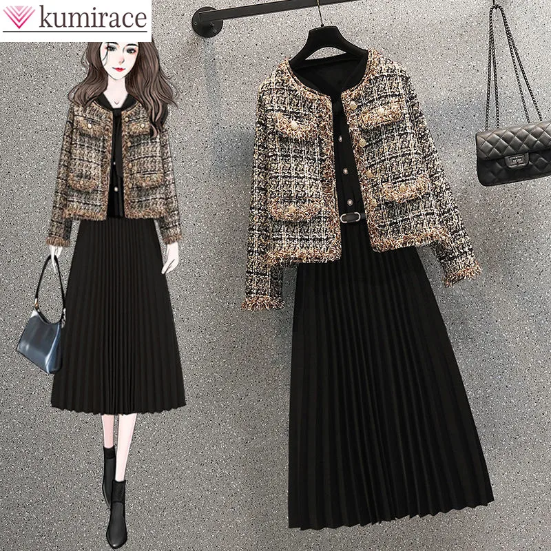 Korean Popular Autumn Plaid Splice Knitted Jacket Coat Long Sleeve Pleated Dress Two Piece Elegant Women's Skirt Set