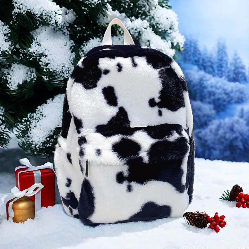 

2024 New Cow Pattern Leopard Pattern Thickened Plush Super Cute Backpack Women's Large Capacity School Bag