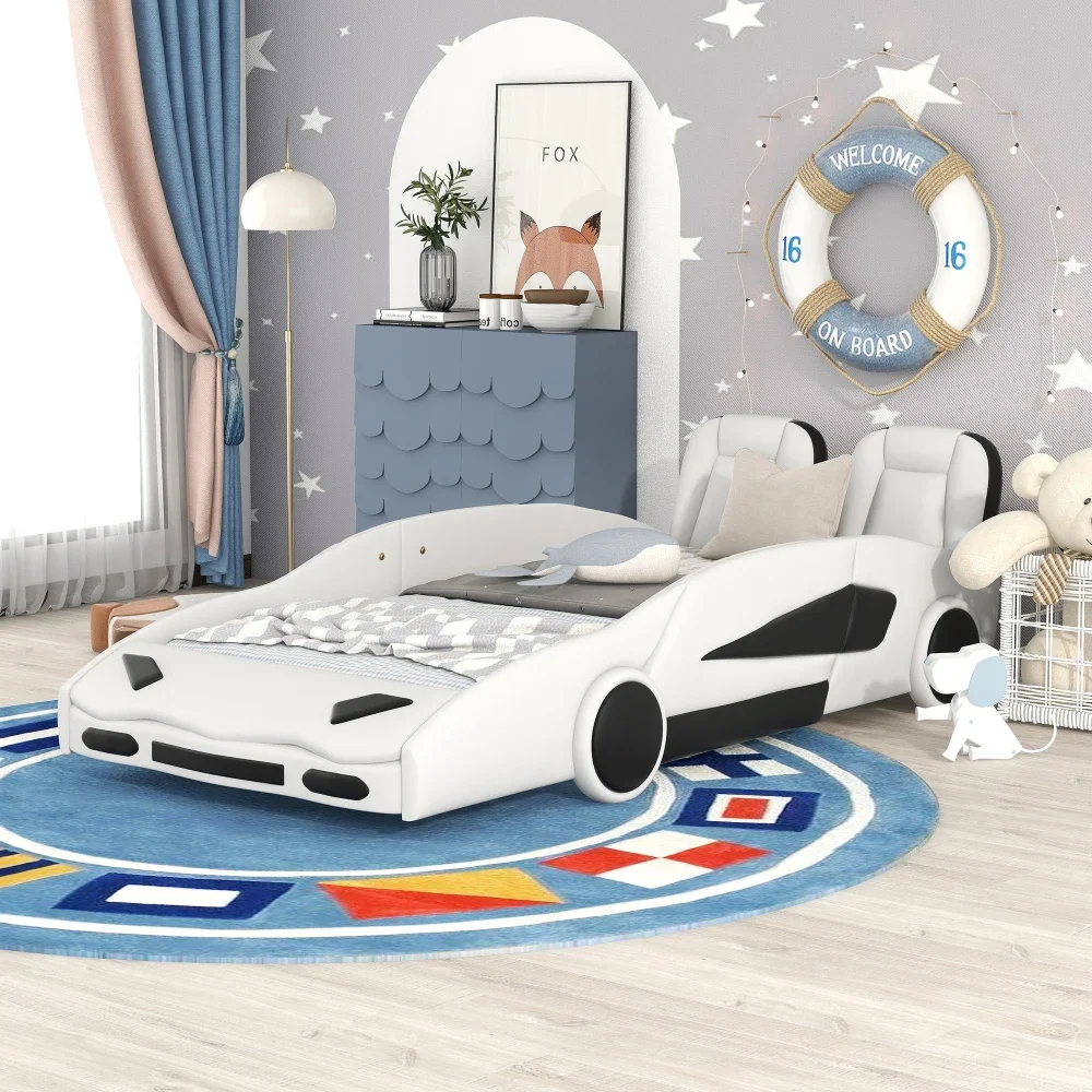 4-in-1car Bed for Child,Twin Size Race Car-Shaped Platform Beds with Wheels,Bed for Boys,Girls Beds Children's Beds White/Black 3