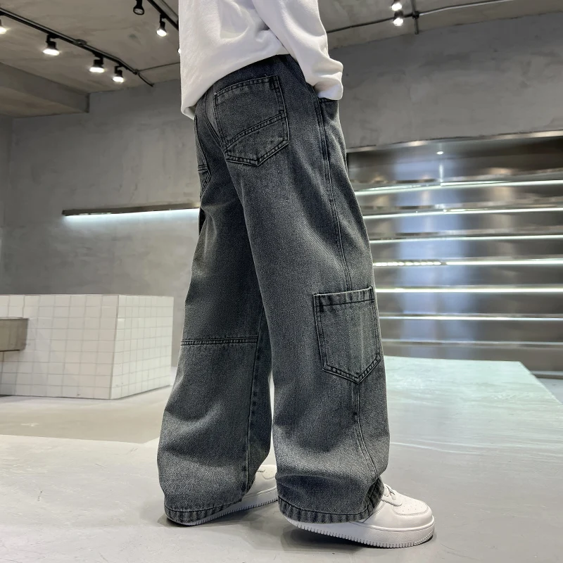 Spring Child Gray Vintage Jeans with Pocket for Boy Fashion High Street Denim Pants Teenage Kids Casual Straight Jeans Trousers - Image 3