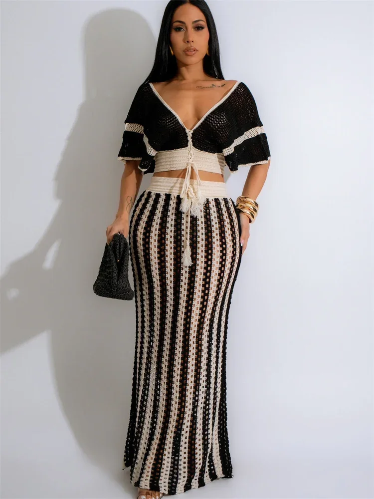 Wmstar Women Two Piece Set Sexy Elegant Knitted Crochet Beach Stripe Crop Tops Long Skirts Matching Set Holiday Birthday Outfits