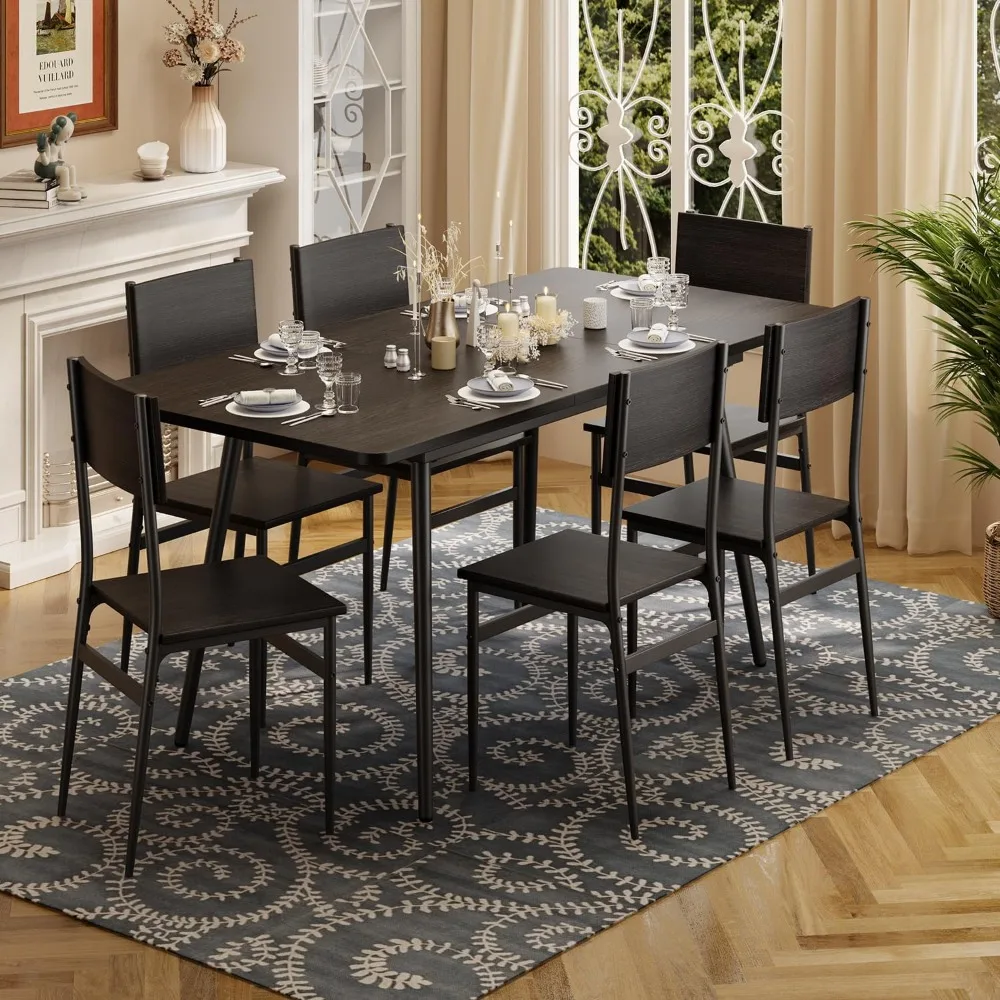 7-Piece Dining Table for 4-6, 63&rdquo; Large Extendable Kitchen Table Set with 6 Chairs, Dining Set for Room