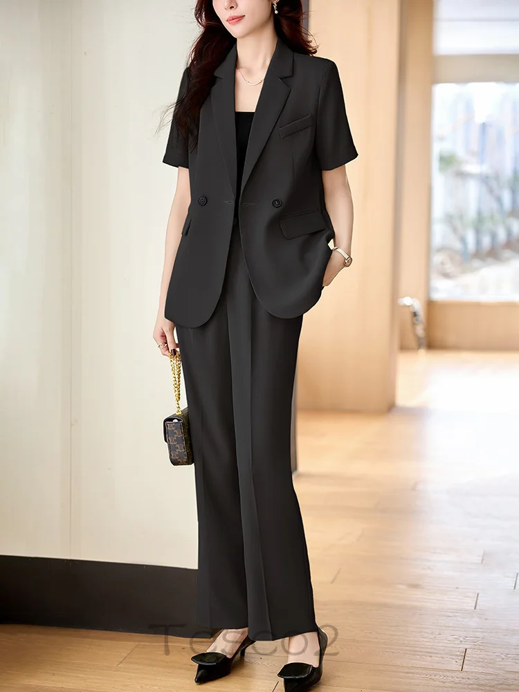 Tesco Spring Summer Thin Women's Suit Sets Short Sleeve Jacket Purple Casual Office Lady Pantsuit conjuntos para mujeres 2 pieza