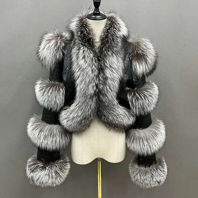 New Women Leather Jacket With Fox Fur Crocodile Pattern Sheepskin Leather Lady Fashion Genuine Leather Coat NZ5275