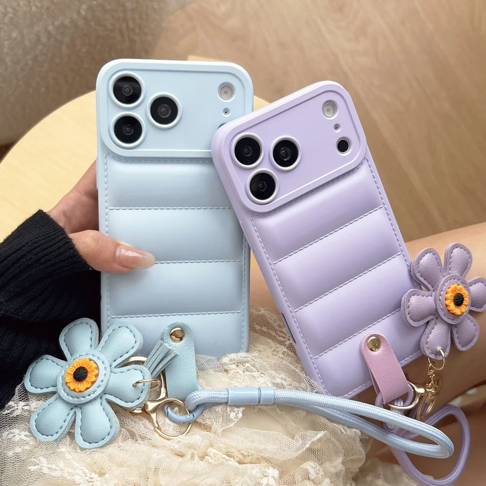 Sunflower Wrist Lanyard Luxury Down Jacket PU Leather Phone Case
