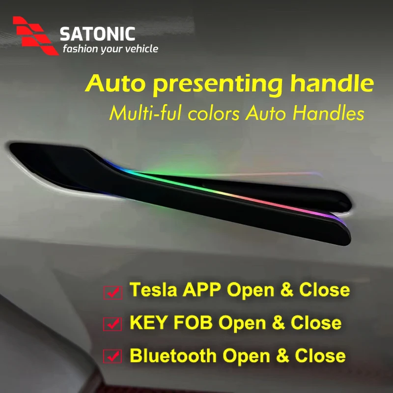 Tesla Model 3 및 Y용 소프트 클로즈 기능을 갖춘 멀티 컬러 LED 자동 프레젠테이션 도어 핸들 |   앱 제어, 화면 디스플레이, 열쇠고리