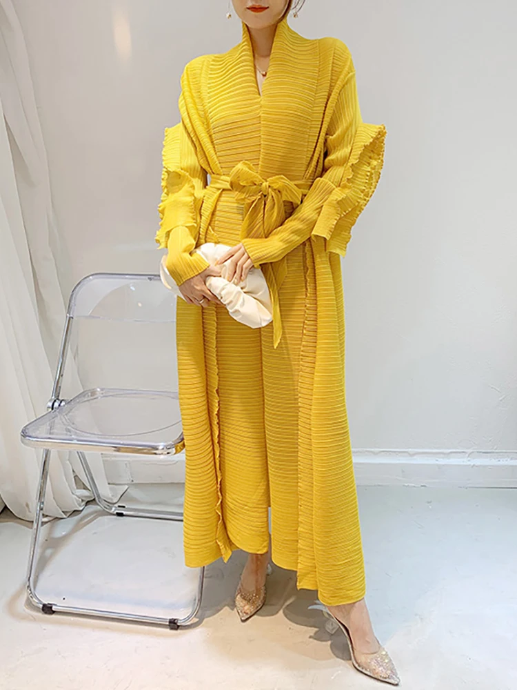 

Delocah/высококачественное весеннее женское модное дизайнерское плиссированное платье с длинным рукавом и поясом, эластичное однотонное платье с оборками