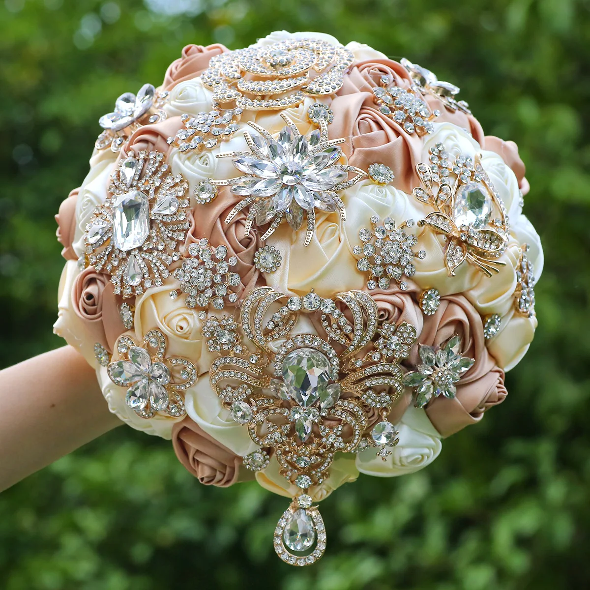 Bridal Wedding Khaki Large Rhinestone Rose Perpetual Bouquet Wedding Bridesmaid Handheld Bouquet W1011