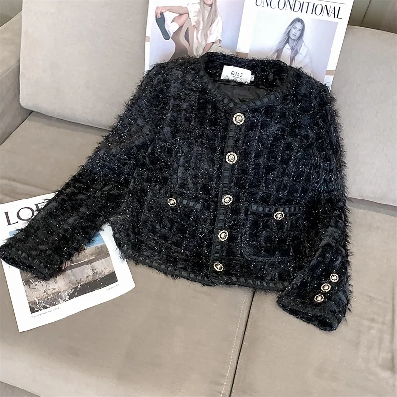 

High Quality Fall Winter Vintage Weaving Tweed Wool Short Jacket Women Single-Breasted French Outerwear Long Sleeve Coats Female