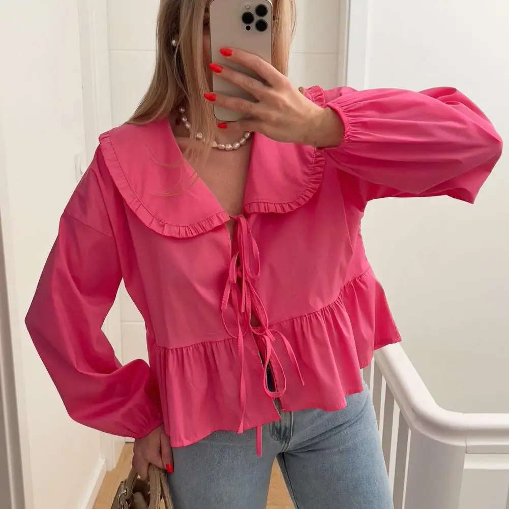 

Летняя Повседневная рубашка с лацканами, рубашка с длинным рукавом-фонариком и застежкой, однотонная Свободная Женская рубашка с оборками на подоле, топы