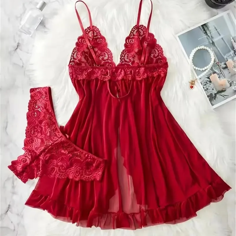 Ensemble de lingerie rouge sexy, sous-vêtements érotiques transparents, ensemble soutien-gorge et culotte en dentelle porno, lingerie femme, vêtements de nuit sexy, robe babydoll.