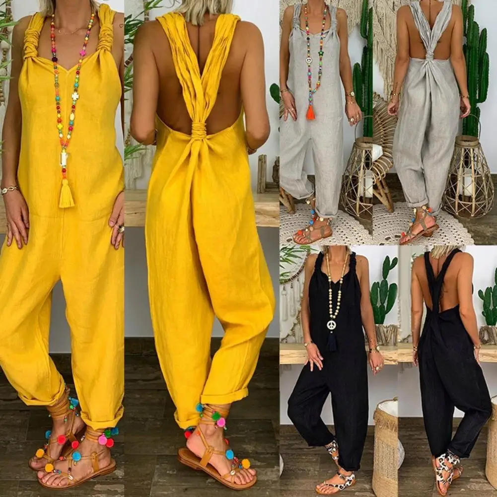 Loose Casual  Linen Print JumpsuitWomen Solid Color Bib Overall Sleeveless Backless Knotted Jumpsuit Dungarees