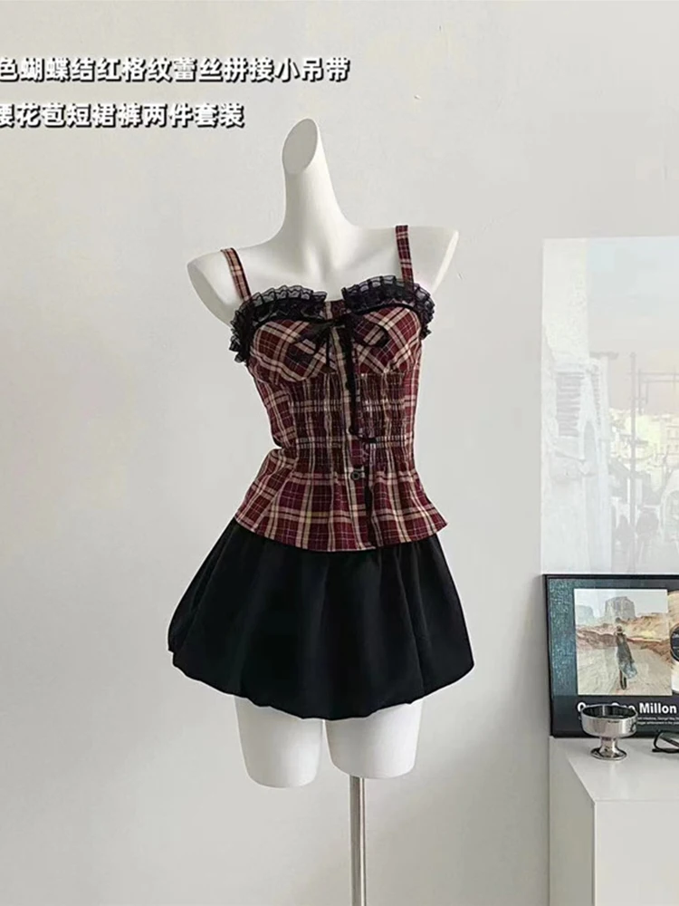 

Summer Women Y2k Old Money Vacation Rave Vintage Outfits 2 Piece Set Plaid Lace Camisole + Mini Skirts Korean Fashion Mori Girl