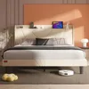 Queen Bed Frame with Charging Station, Upholstered Platform Bed with Wingback Storage Headboard, Beige EASY TO ASSEMBLE 1
