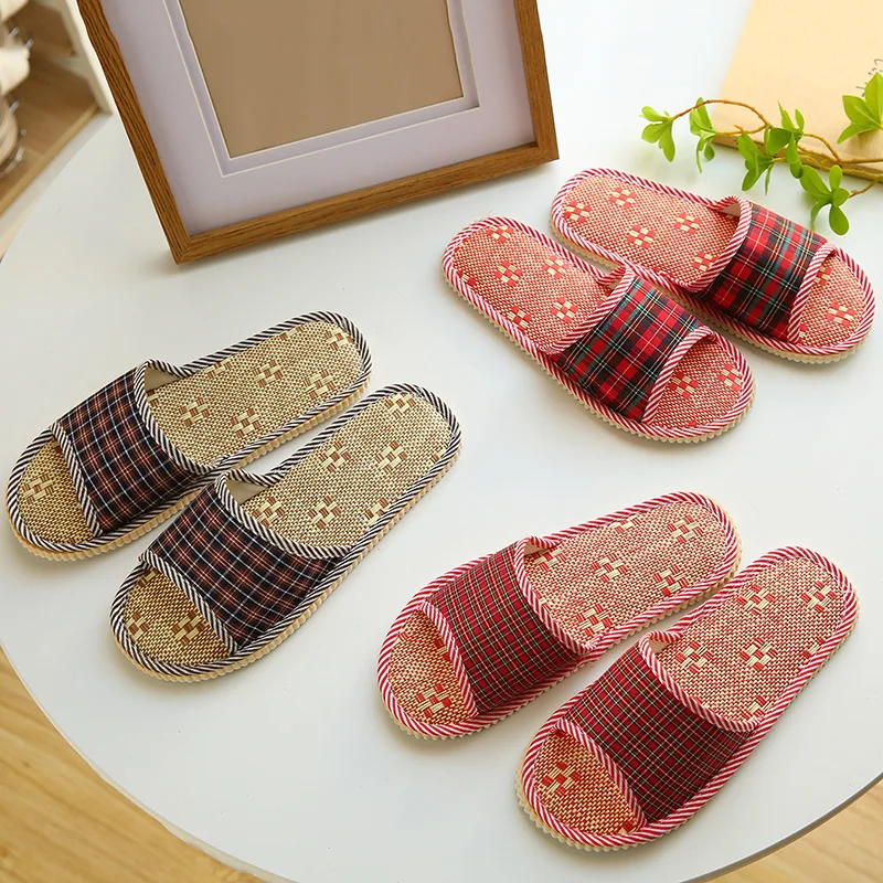 Summer Eva Soft Sole Linen Indoor Slippers For Men Women Simple Non-slip Wooden Floor Slides Comfort Plaid Home Slipper Shoes 4