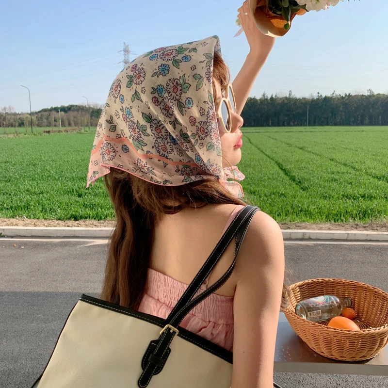 달콤한 작은 꽃 문학적 레트로 헤어 스카프, 숙녀 헤어 밴드 장식, 사랑스러운 부드러운 작은 사각형 스카프, 1PC