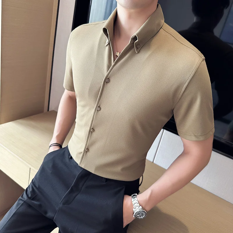 2023 Summer Thin Ice Silk Shirt for Men Short Sleeve Slim Casual Shirts  Fashion V-neck Business Dress Shirts Black White Green - AliExpress