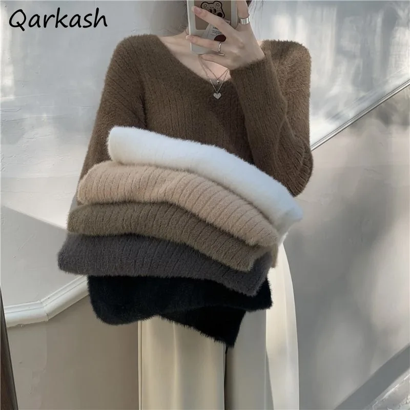 

Soft Pullovers Women Long Sleeve 6 Colors Autumn Female All-match Fashion Korean Style V-neck Inside Solid Fit Casual Students