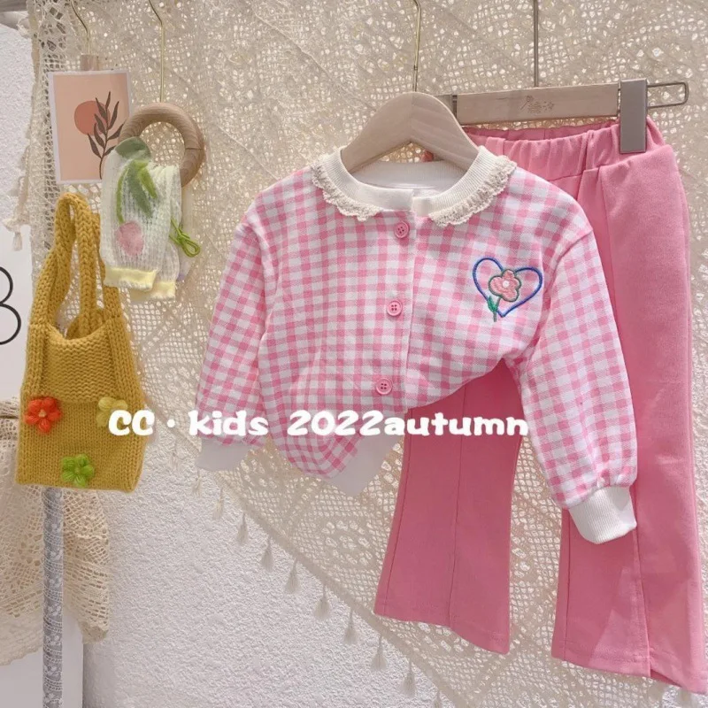 

Fashion Kids Girls Clothes Sets Autumn Korean Lace O-Neck Single Breasted Plaid Cardigan Coats+Pants 2Pcs Children Clothing 2-9Y