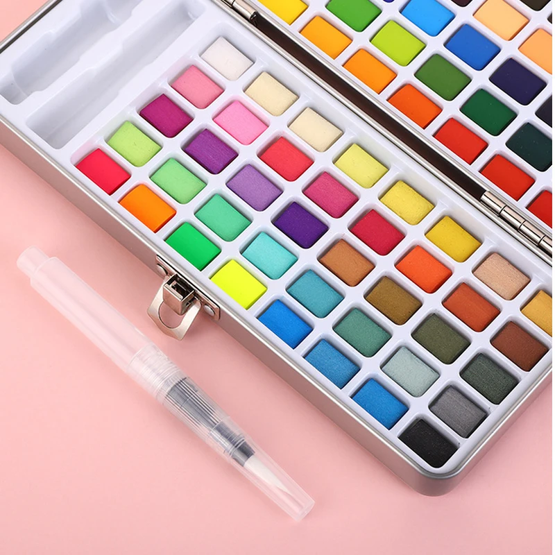 Solid Watercolor Paint Set Portable Metal Box With Water Color Brush School Kids Professional Art Supplies 50/72/90/100 Colors