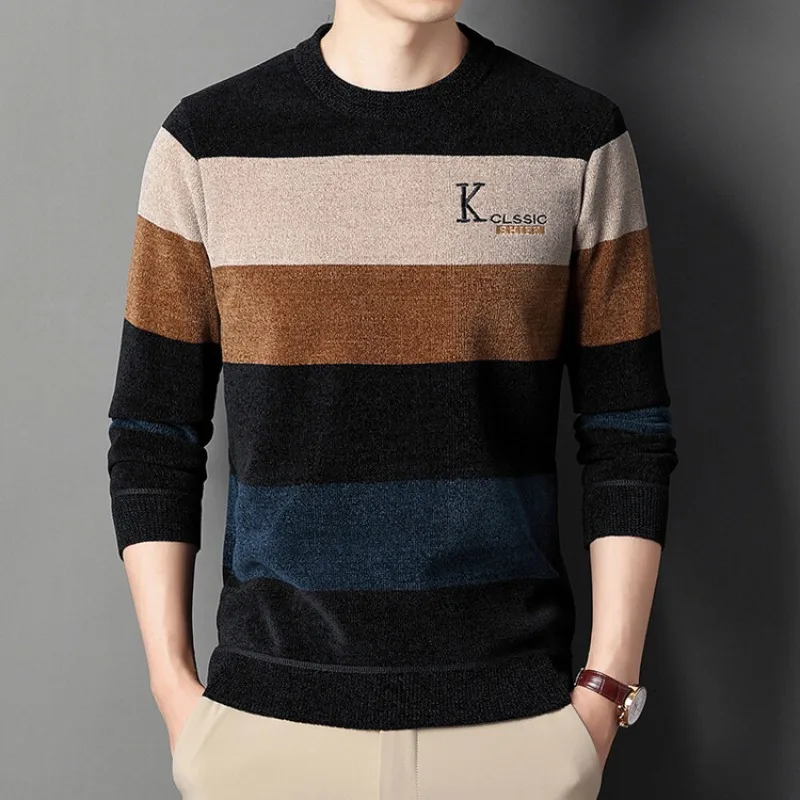 

New Men's Winter Plush and Thick Knitwear Color Blocking Embroidery Round Neck Sweater Warm Business and Leisure Men's Clothing